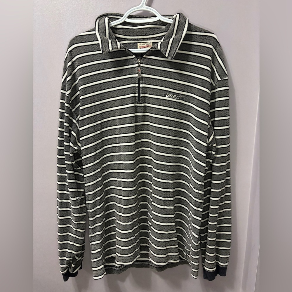Vintage Guess Jeans Striped Quarter Zip Polo Long Sleeve Velour Textured Shirt - Picture 2 of 5